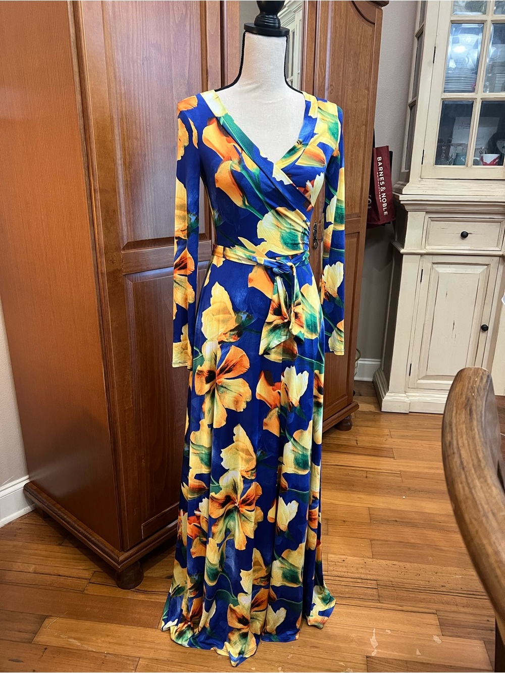 Blue & Yellow Floral Wrap Maxi Dress with Self-Tie Waist - Picture 2 of 5